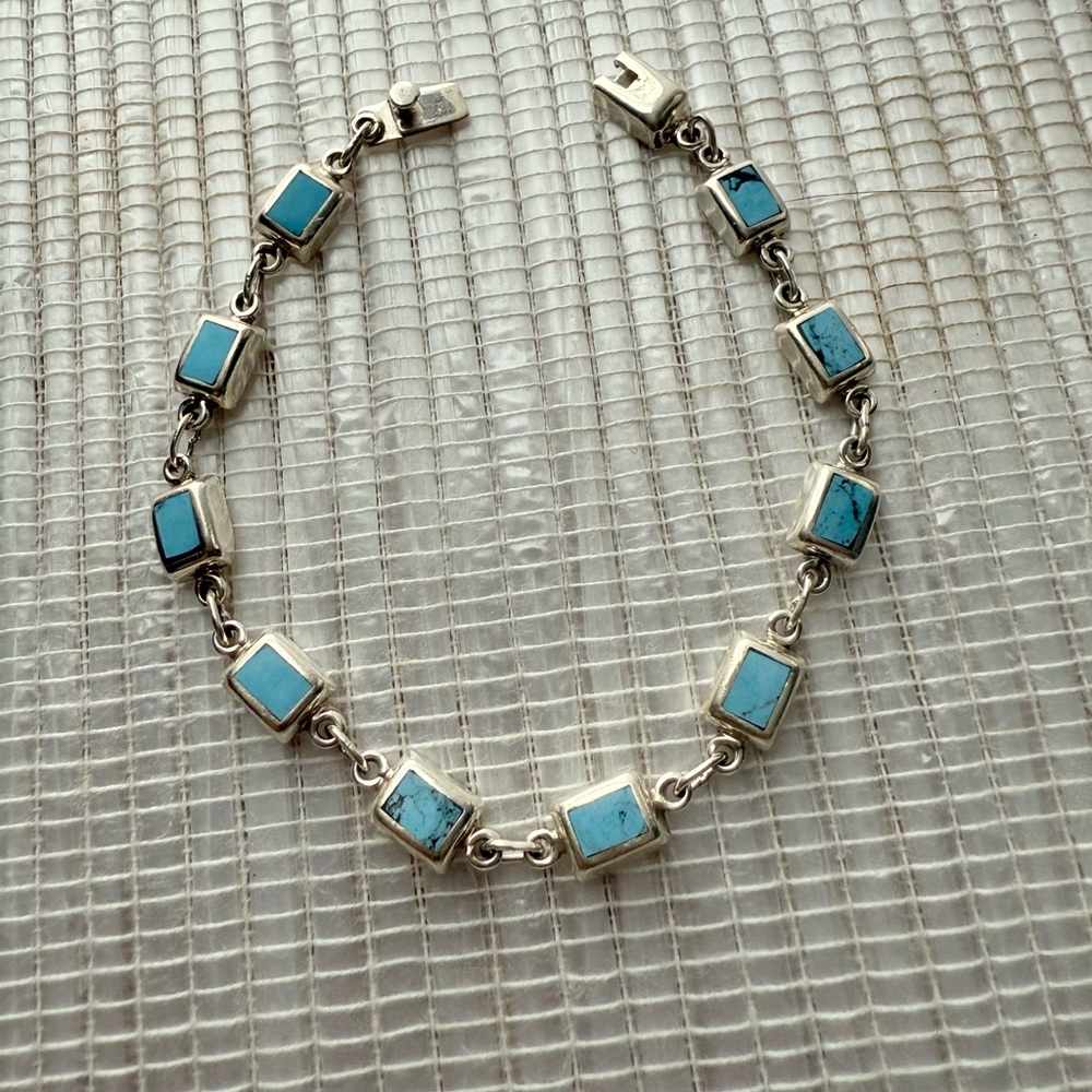 Authentic Taxco Sterling Silver & Turquoise Link Bracelet – 7.5” / 11g - Picture 3 of 8